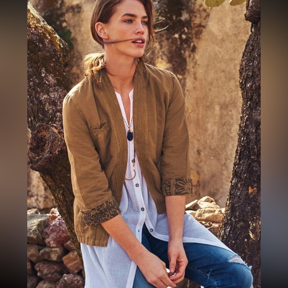 Anthropologie Linen Wrap Honey Kimono Jacket by Hei Hei Brown Small